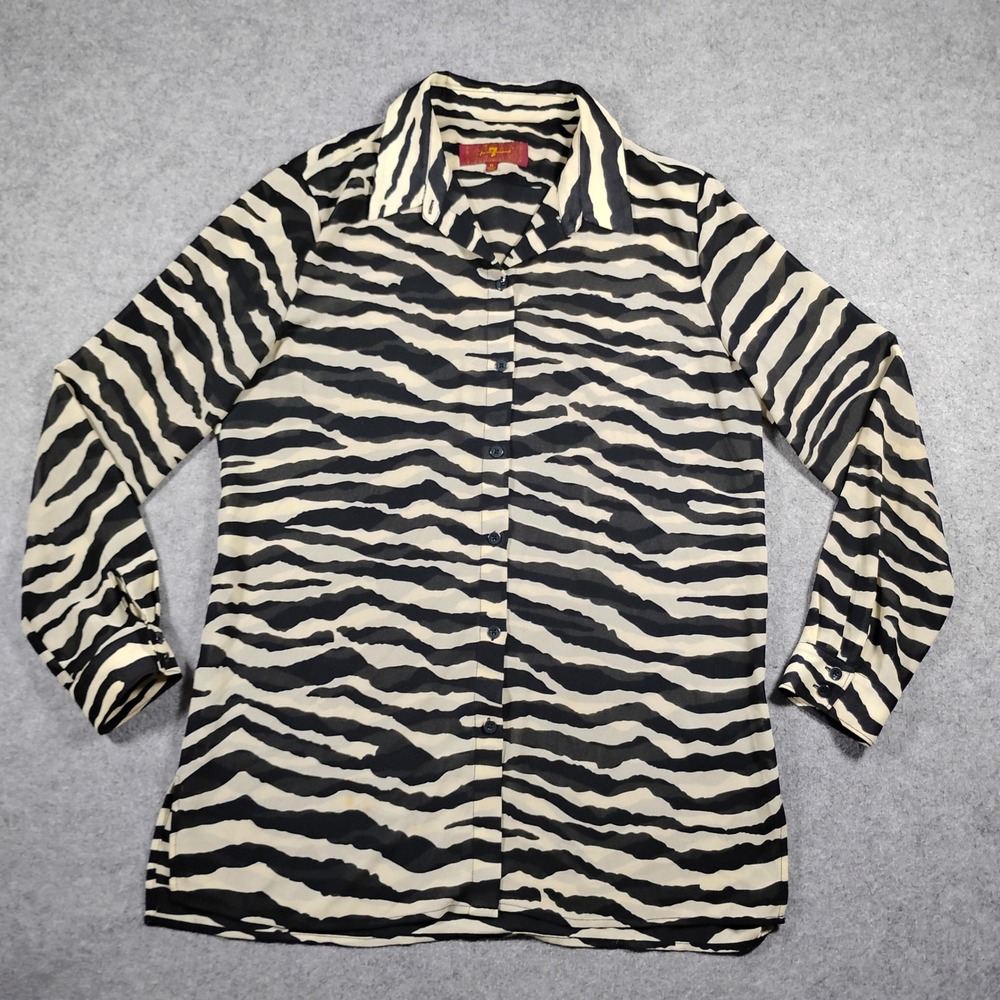 7 For All Mankind Women Black Cream Zebra Print Chiffon Button Up Tunic Blouse M